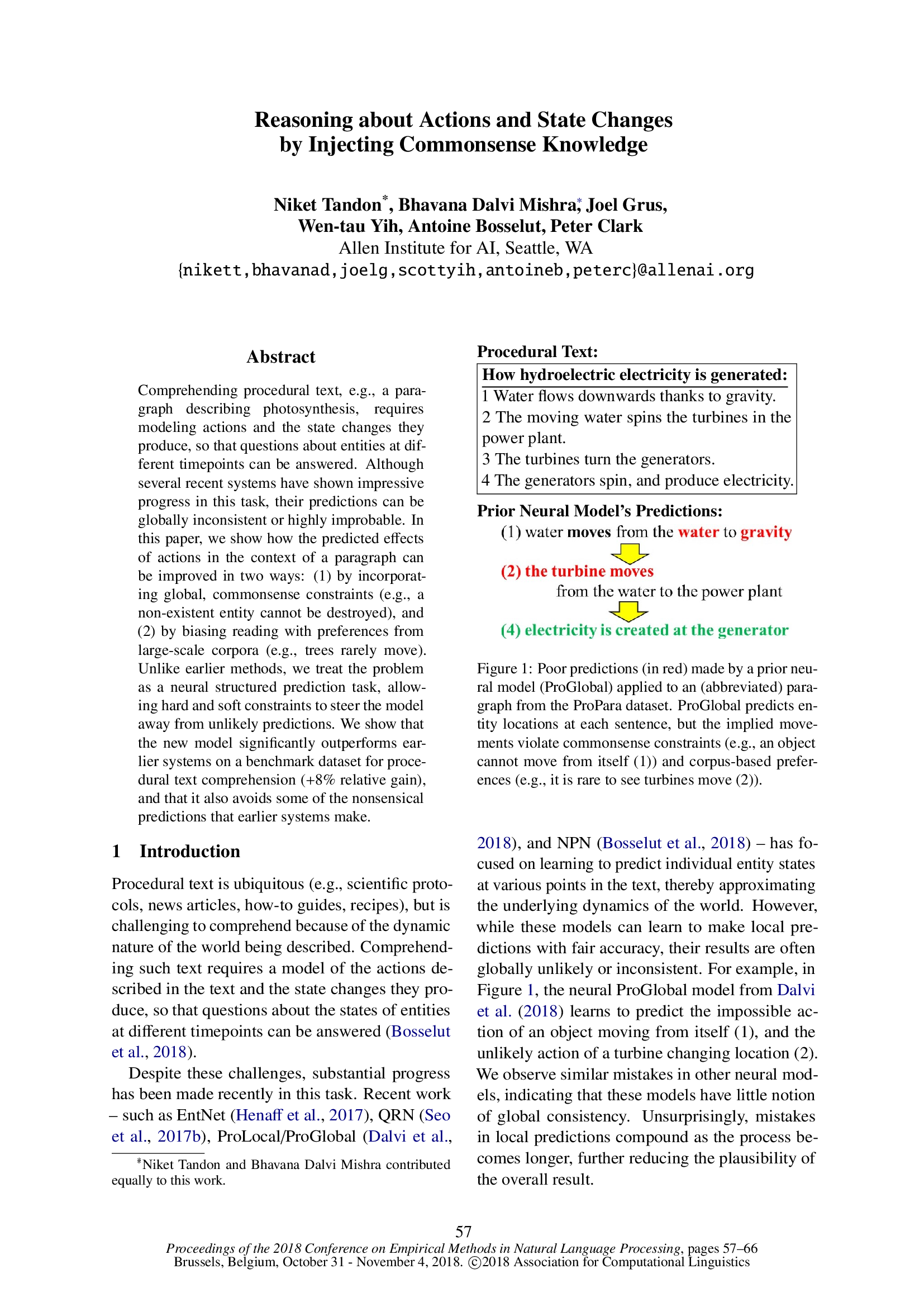 Reasoning about Actions and State Changes by Injecting Commonsense Knowledge