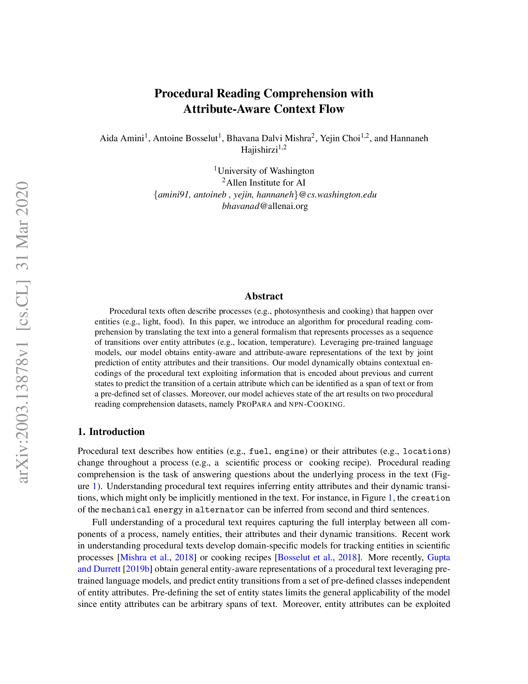 Procedural Reading Comprehension with Attribute-Aware Context Flow