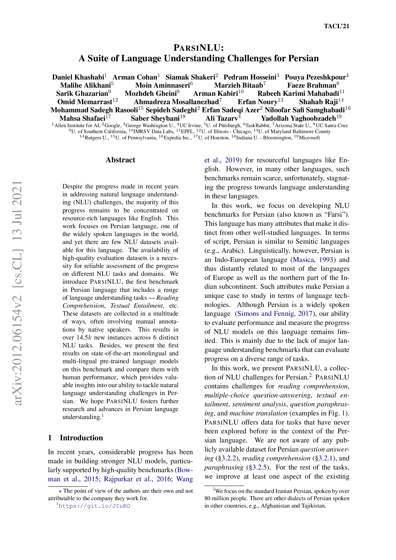 ParsiNLU: A Suite of Language Understanding Challenges for Persian
