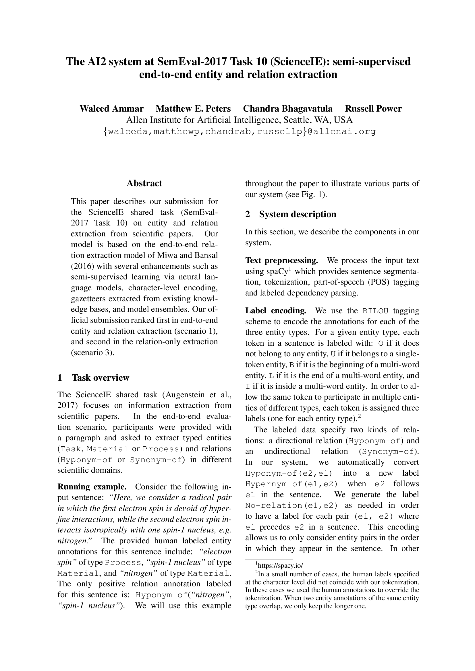 The AI2 system at SemEval-2017 Task 10 (ScienceIE): semi-supervised end-to-end entity and relation extraction