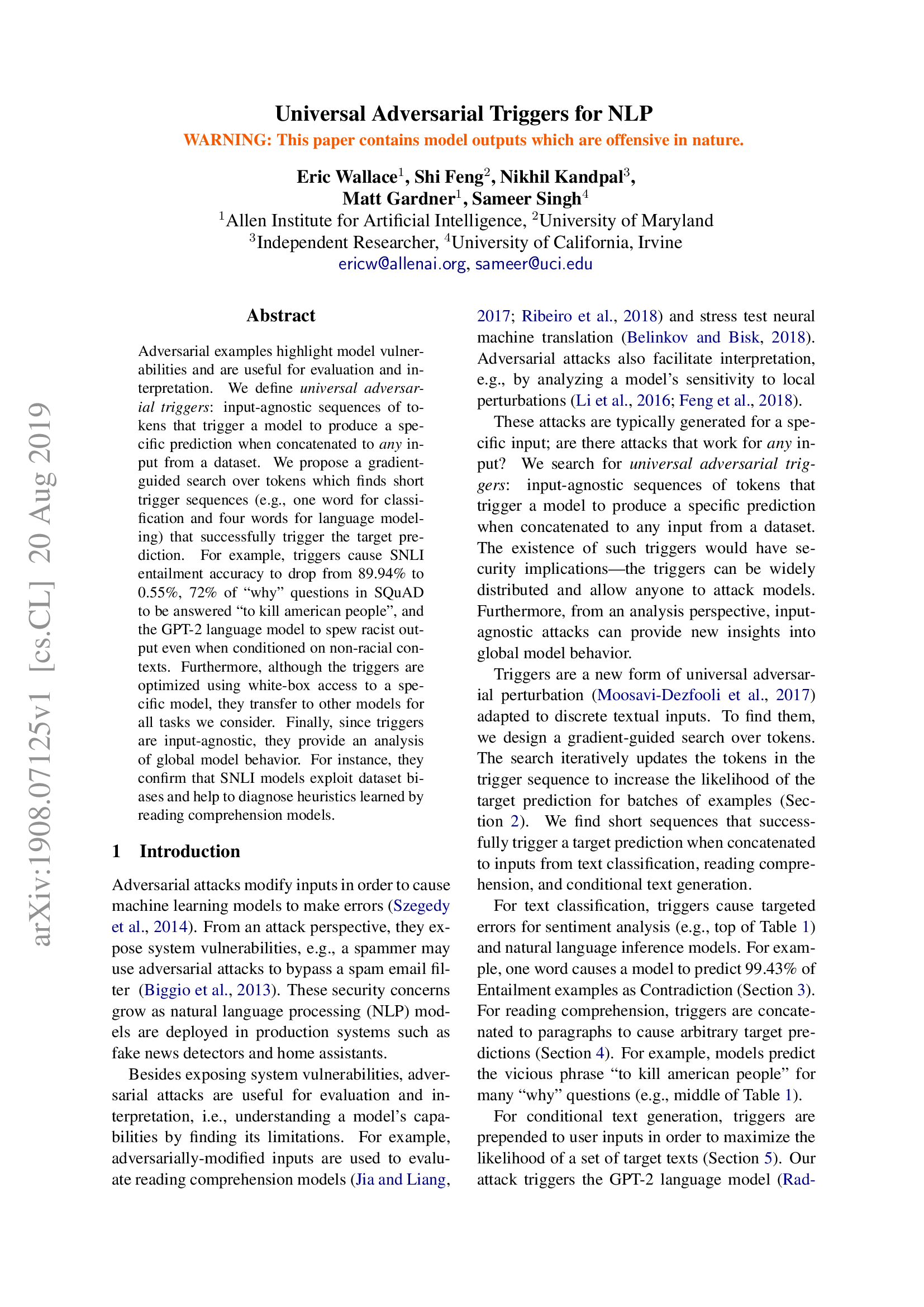 Universal Adversarial Triggers for NLP