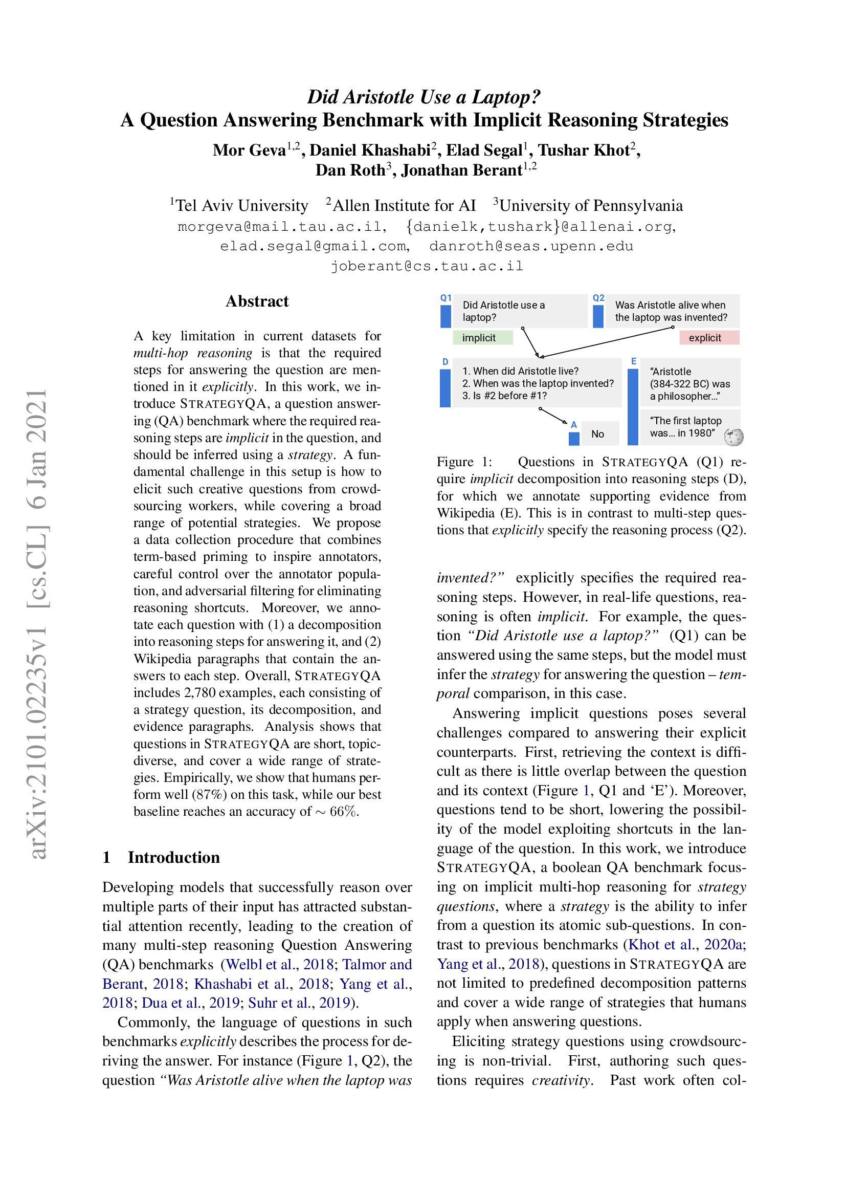 Did Aristotle Use a Laptop? A Question Answering Benchmark with Implicit Reasoning Strategies