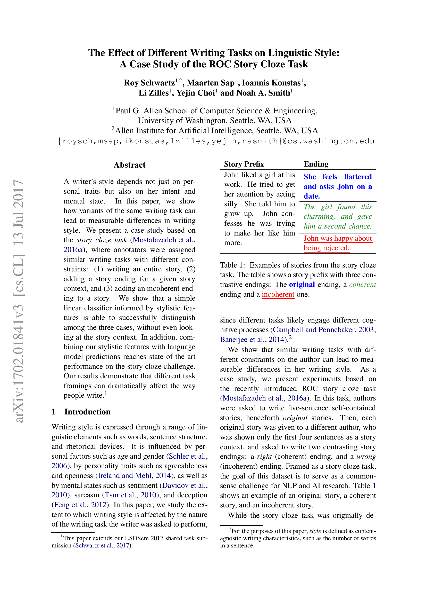 The Effect of Different Writing Tasks on Linguistic Style: A Case Study of the ROC Story Cloze Task