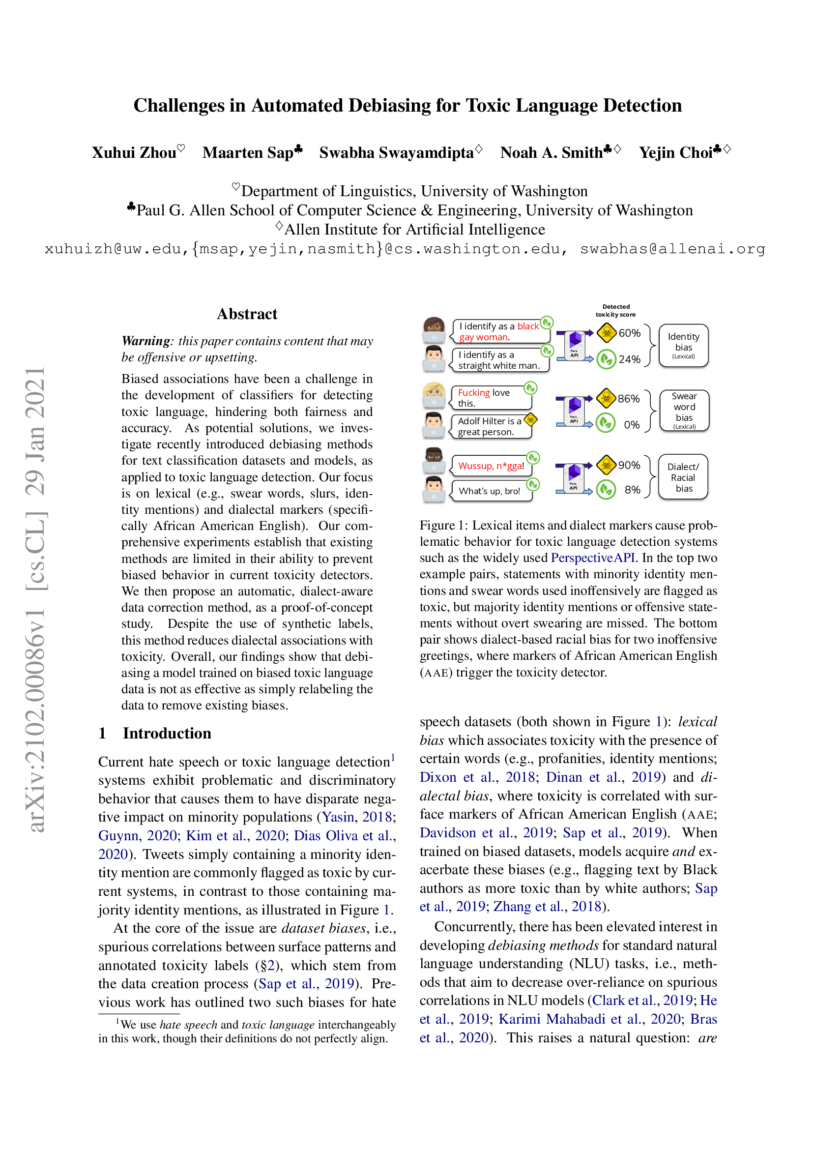Challenges in Automated Debiasing for Toxic Language Detection