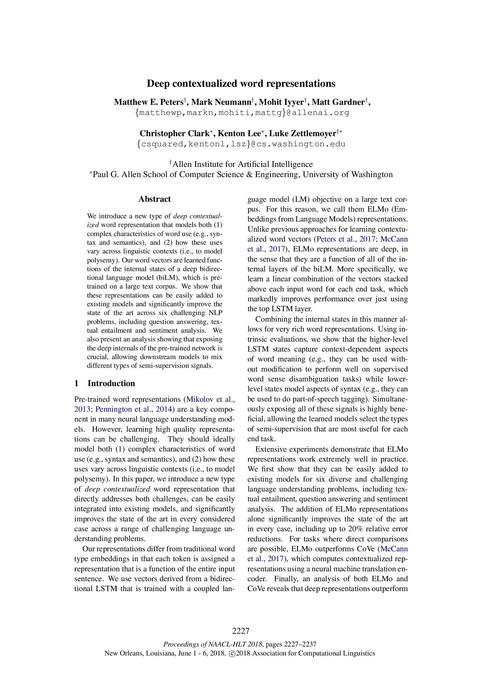 Deep Contextualized Word Representations