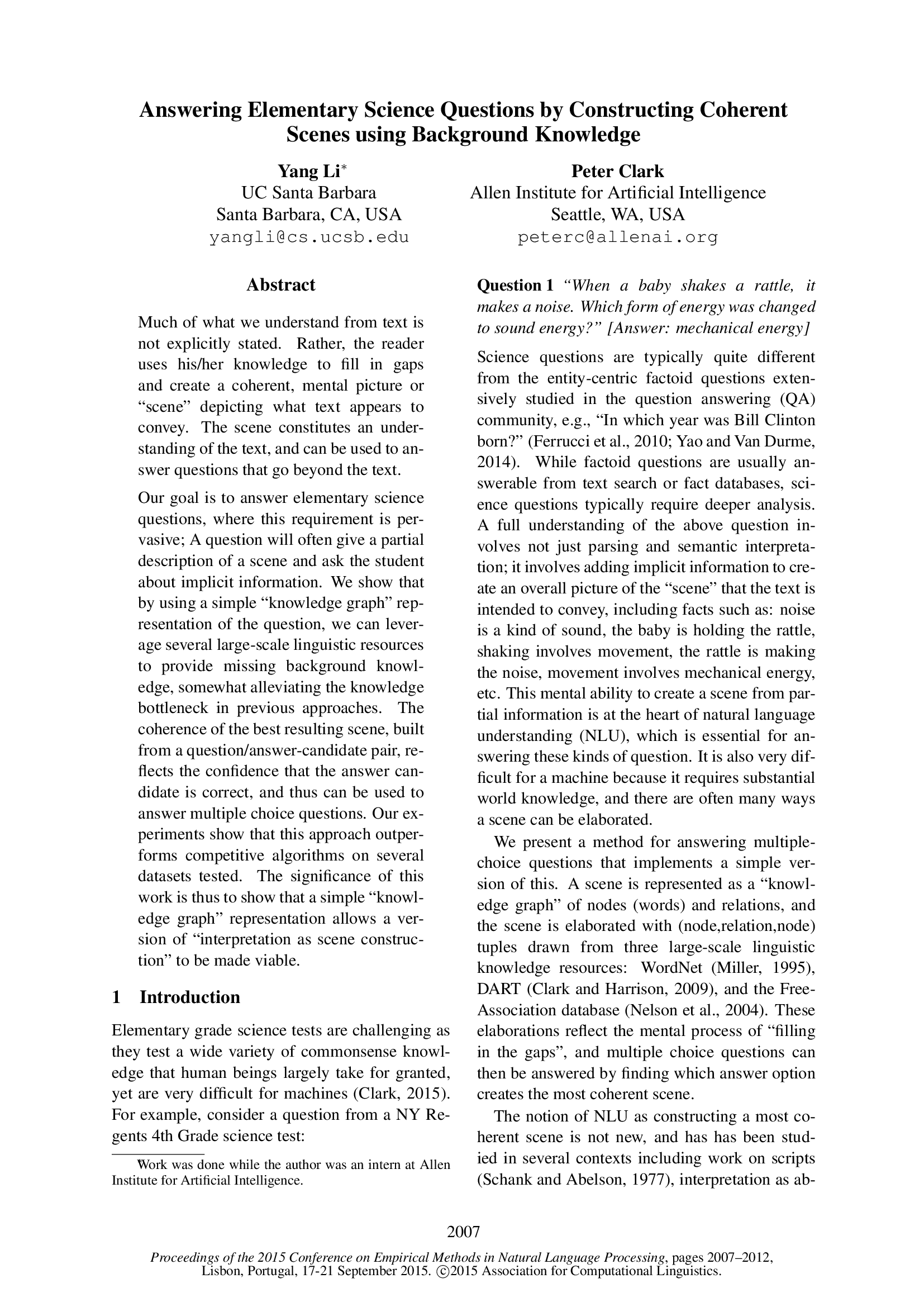 Answering Elementary Science Questions by Constructing Coherent Scenes using Background Knowledge