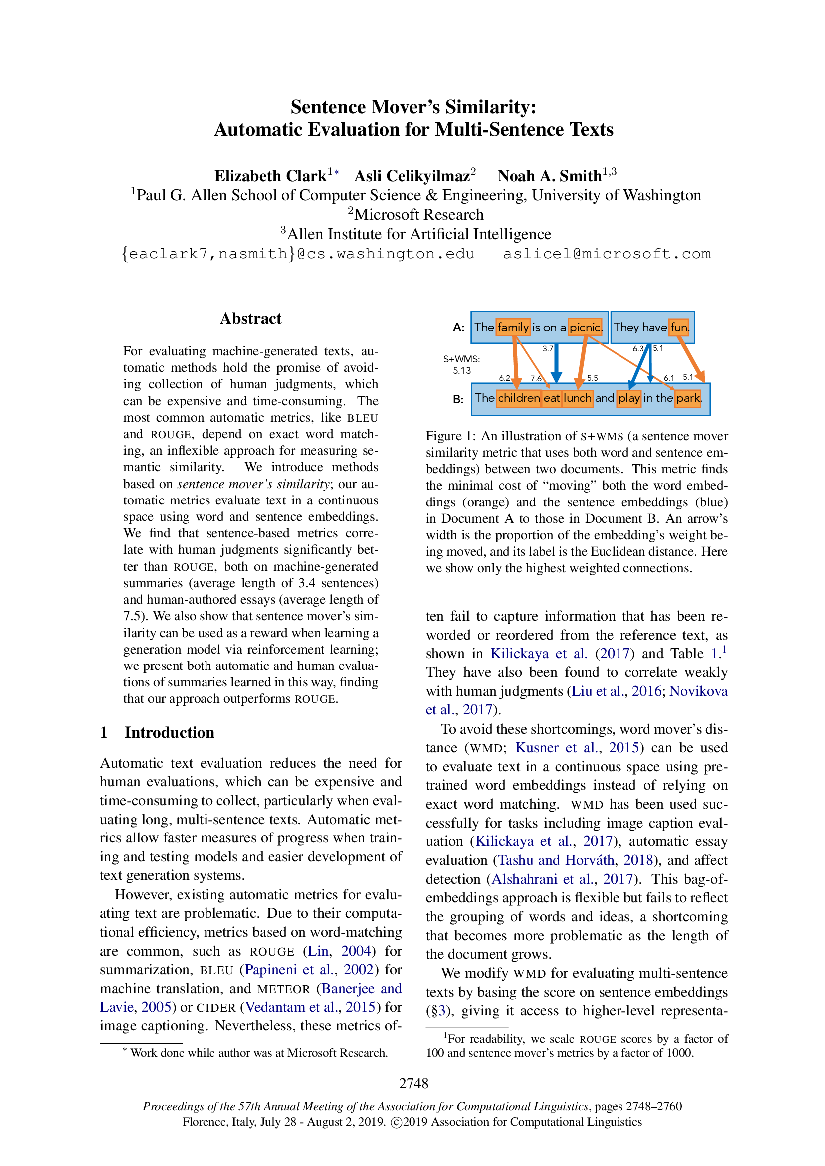 Sentence Mover’s Similarity: Automatic Evaluation for Multi-Sentence Texts