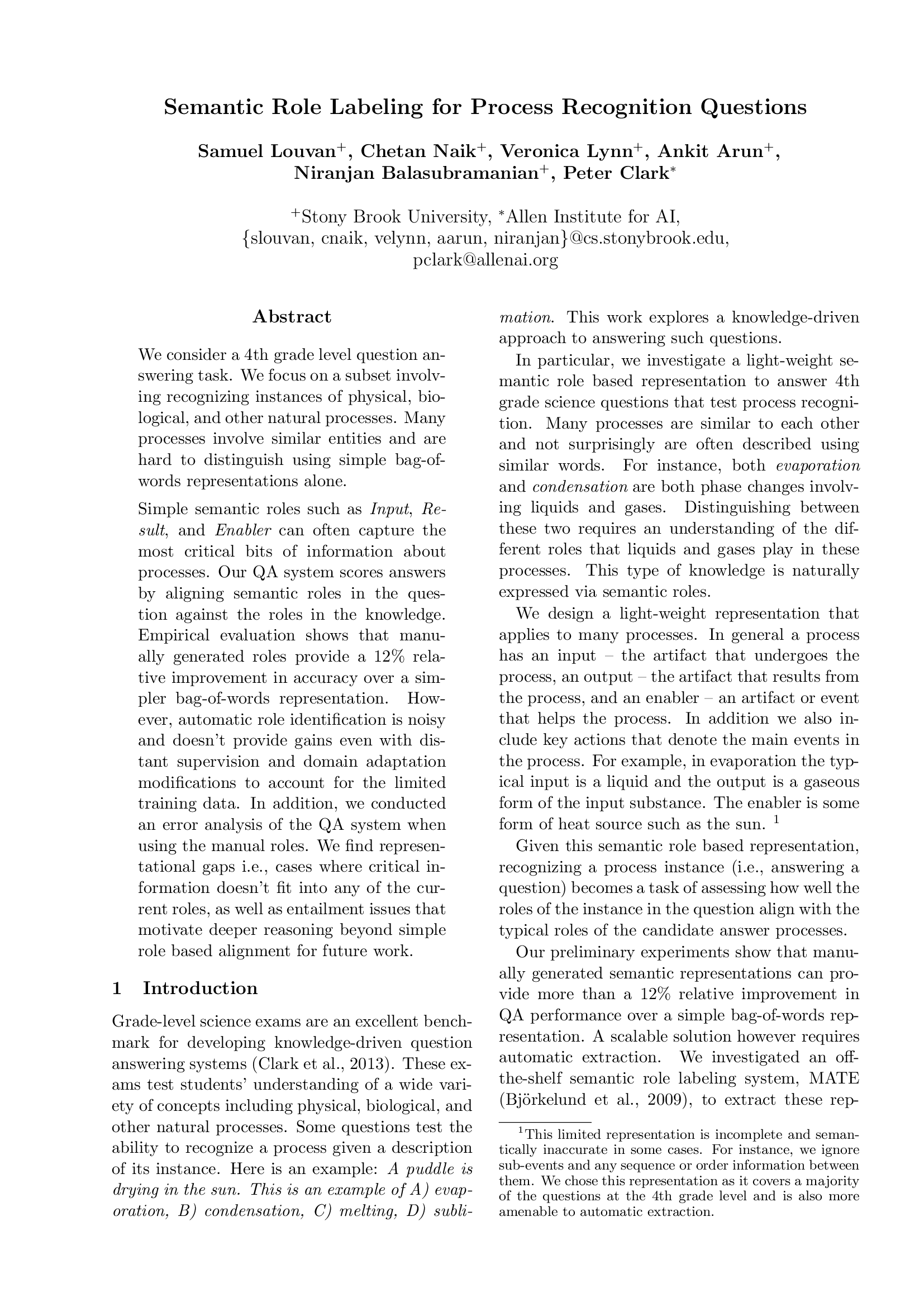 Semantic Role Labeling for Process Recognition Questions
