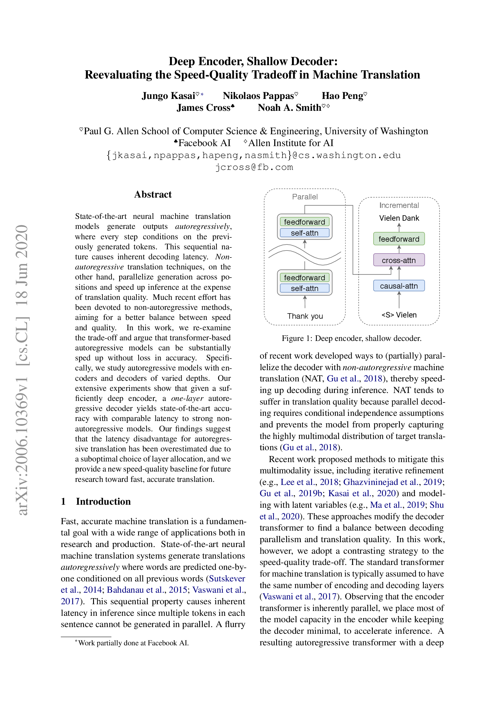 Deep Encoder, Shallow Decoder: Reevaluating the Speed-Quality Tradeoff in Machine Translation