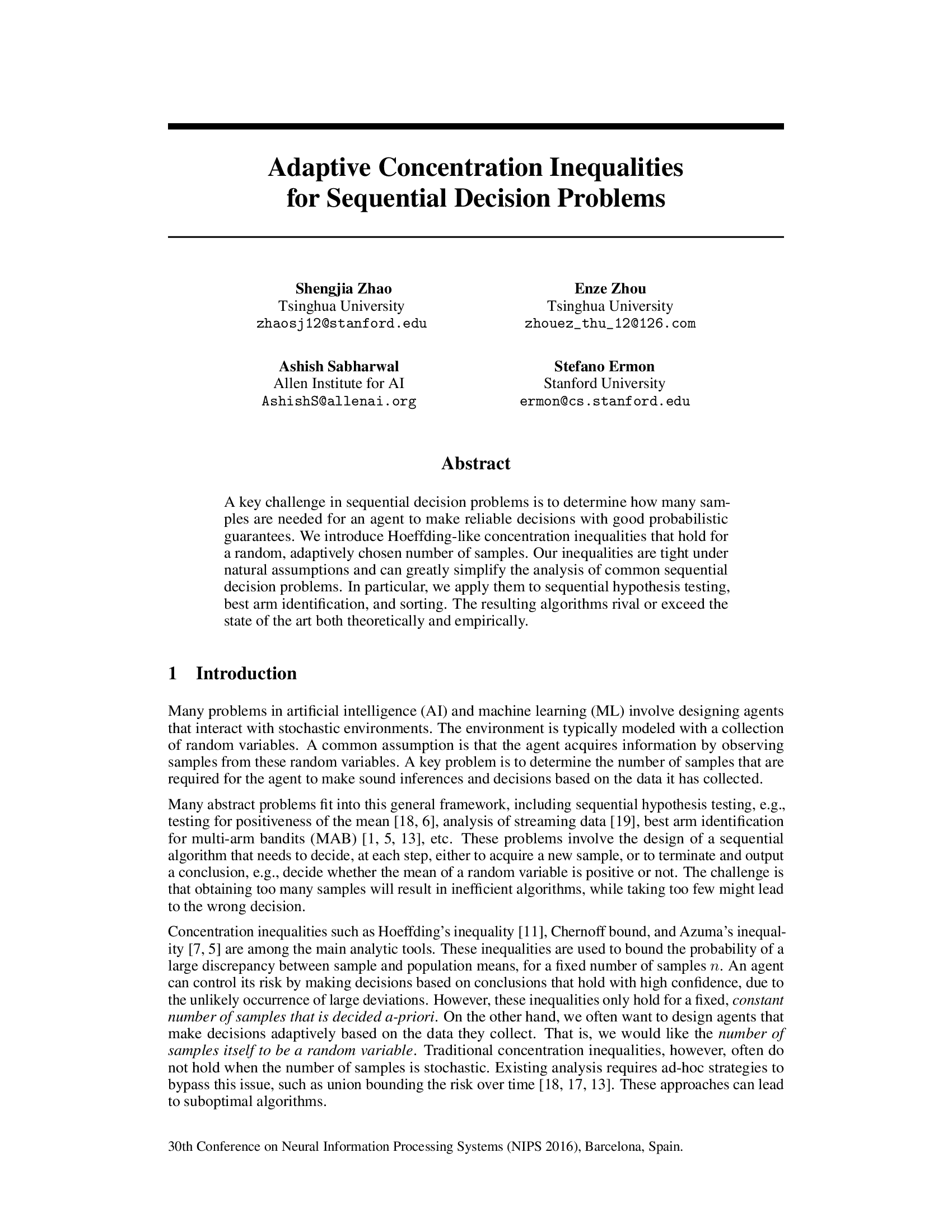 Adaptive Concentration Inequalities for Sequential Decision Problems