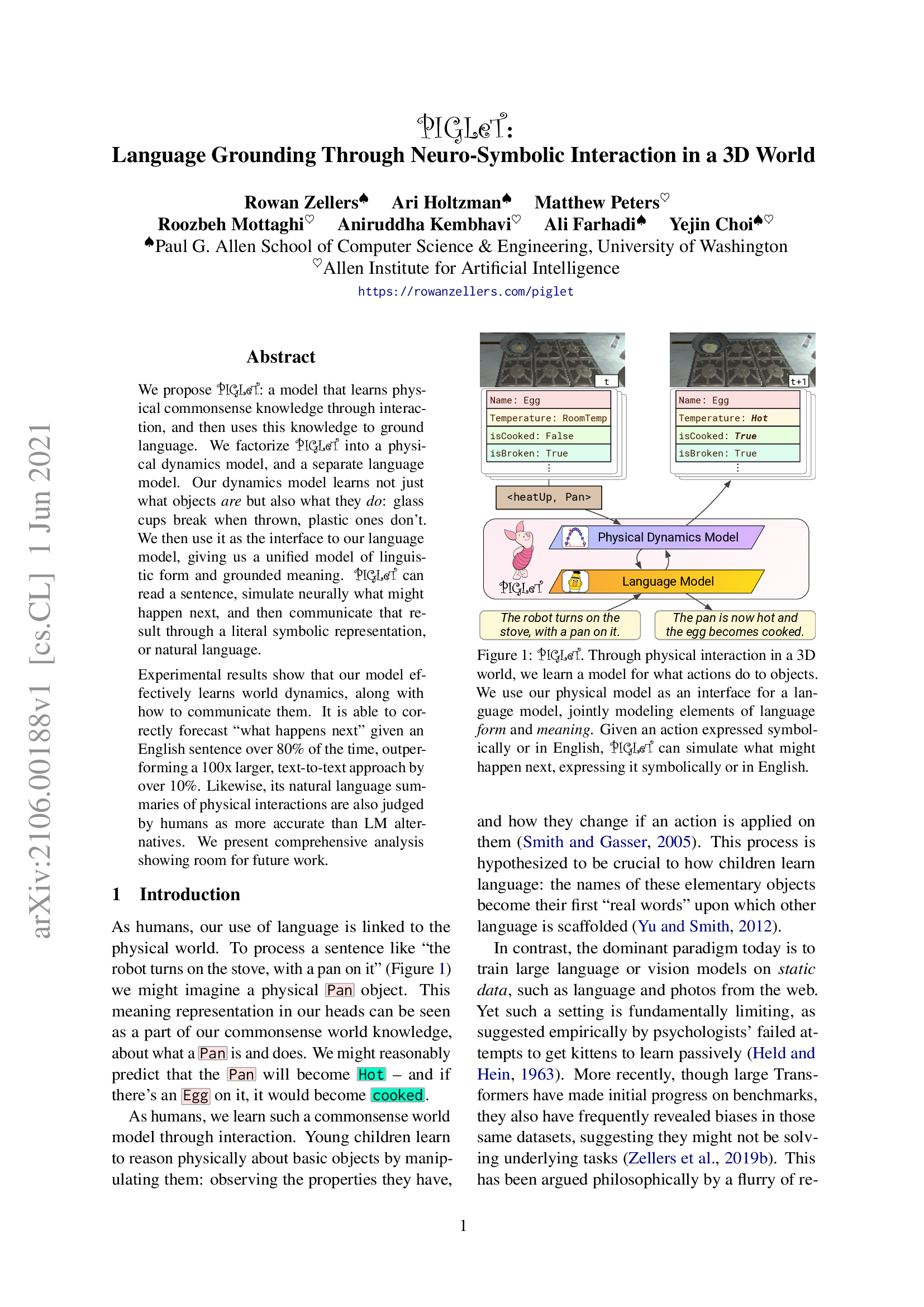 PIGLeT: Language Grounding Through Neuro-Symbolic Interaction in a 3D World