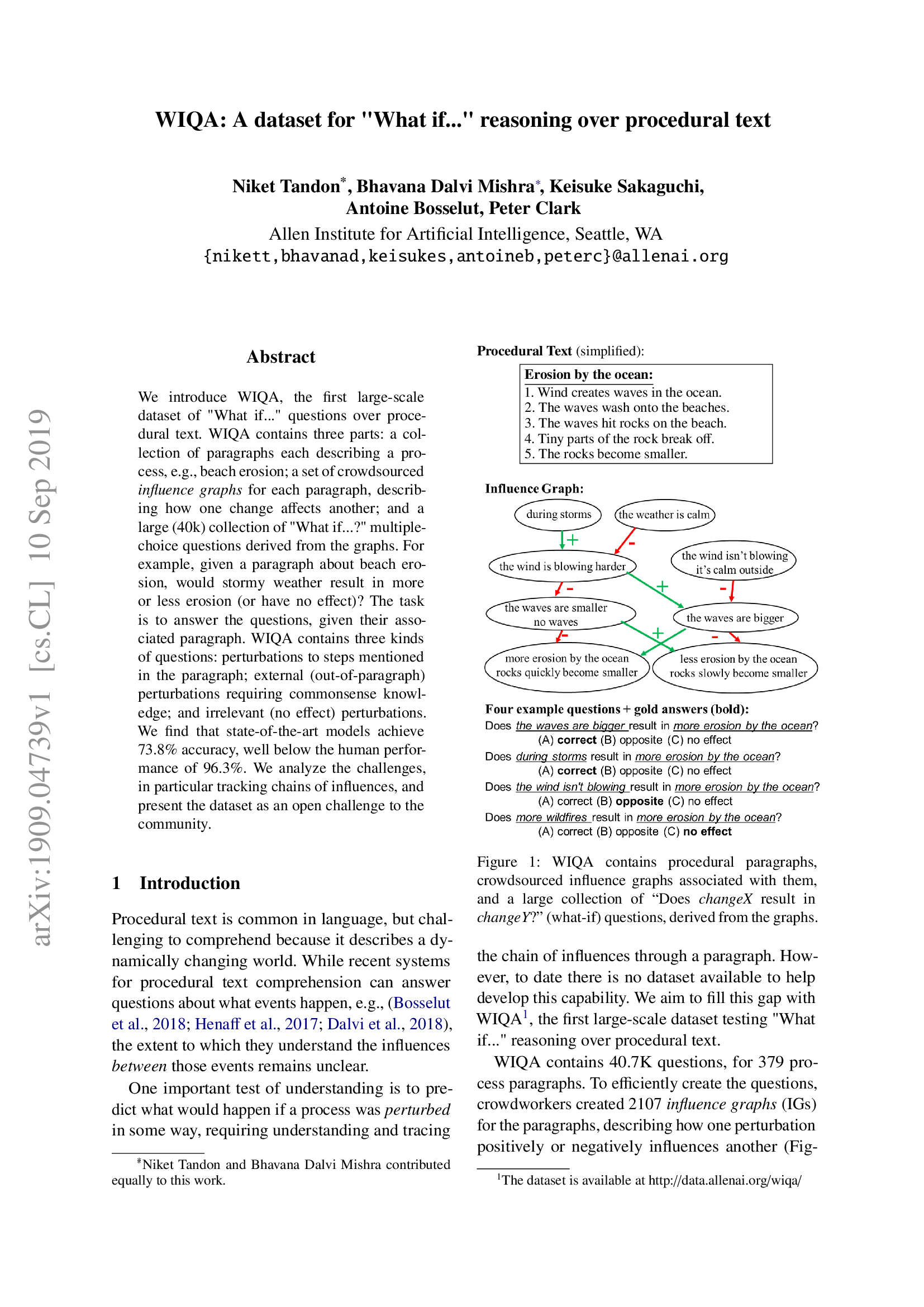 WIQA: A dataset for "What if..." reasoning over procedural text