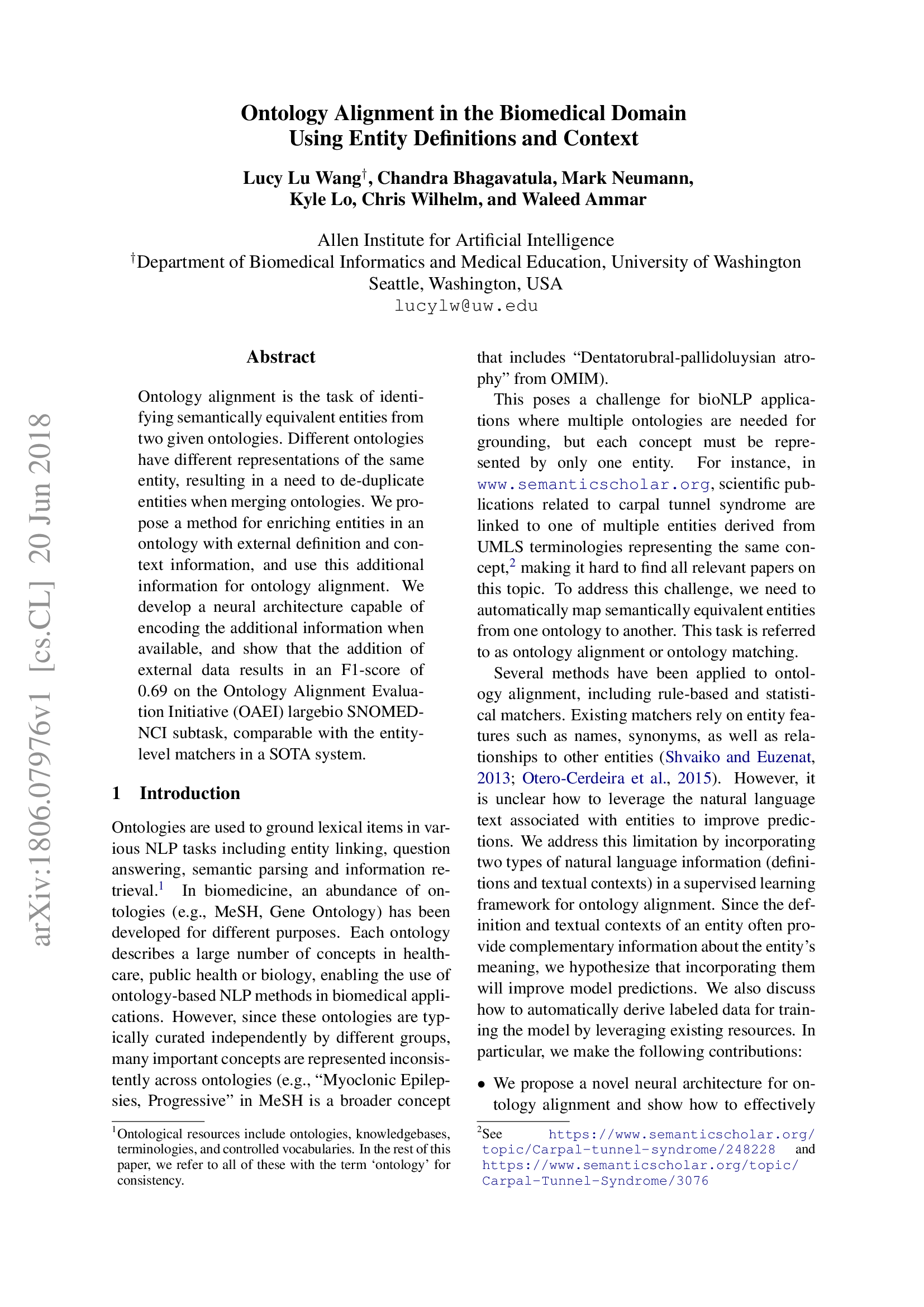 Ontology alignment in the biomedical domain using entity definitions and context