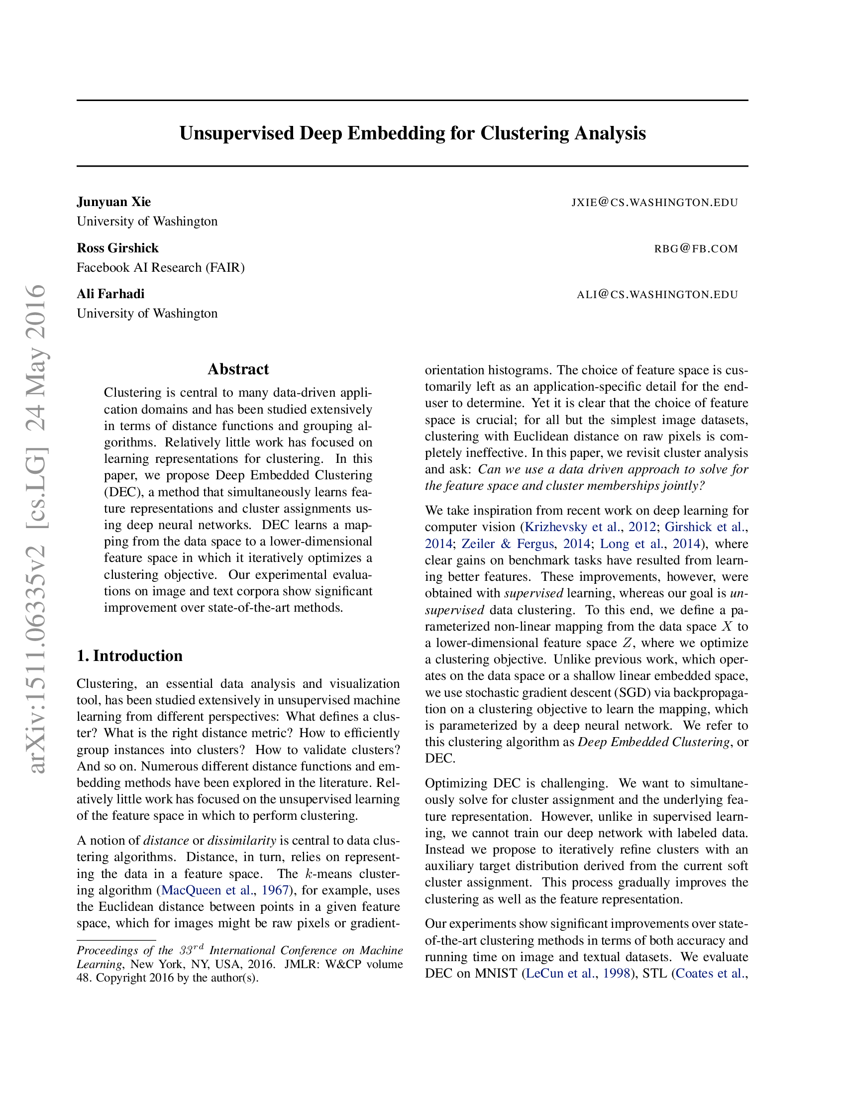 Unsupervised Deep Embedding for Clustering Analysis