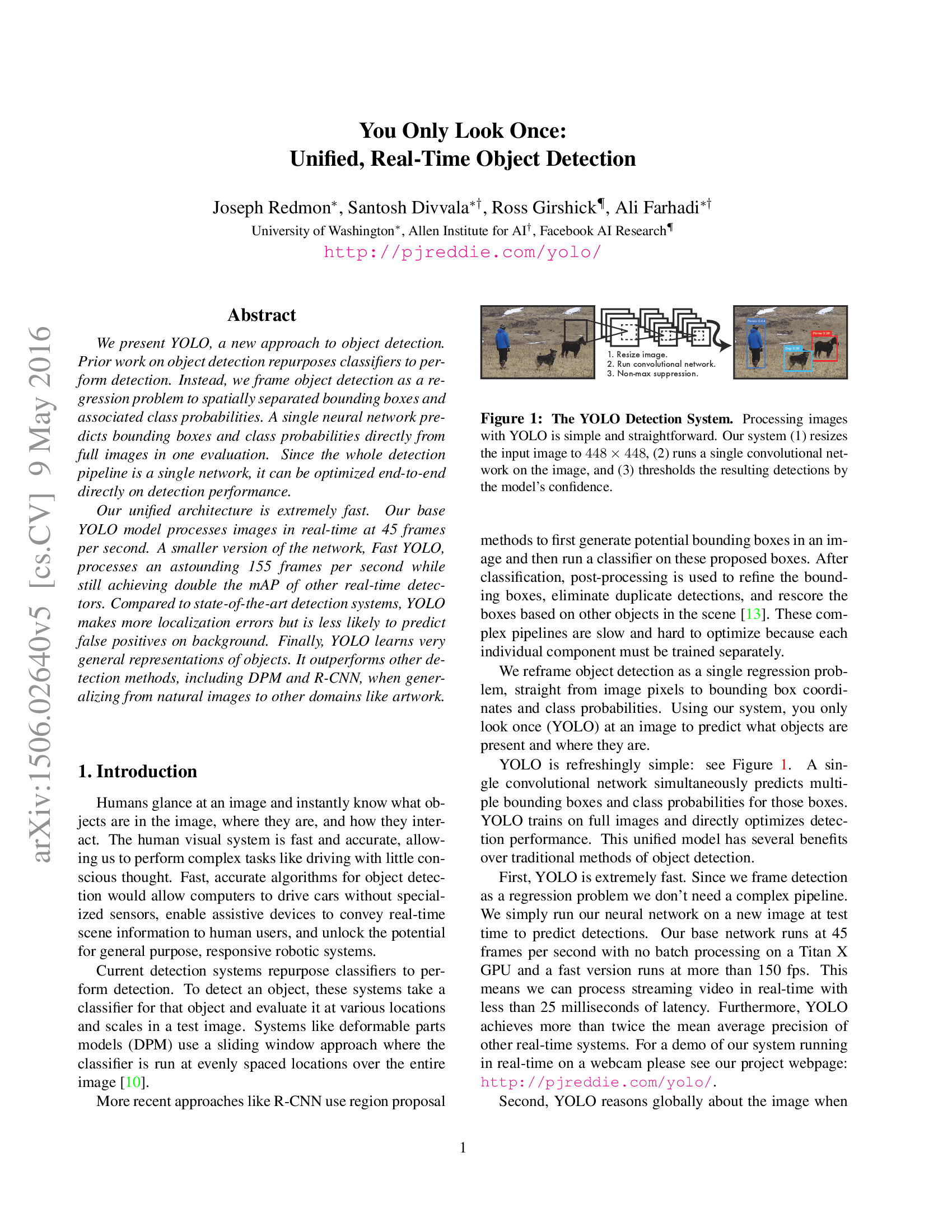 You Only Look Once: Unified, Real-Time Object Detection